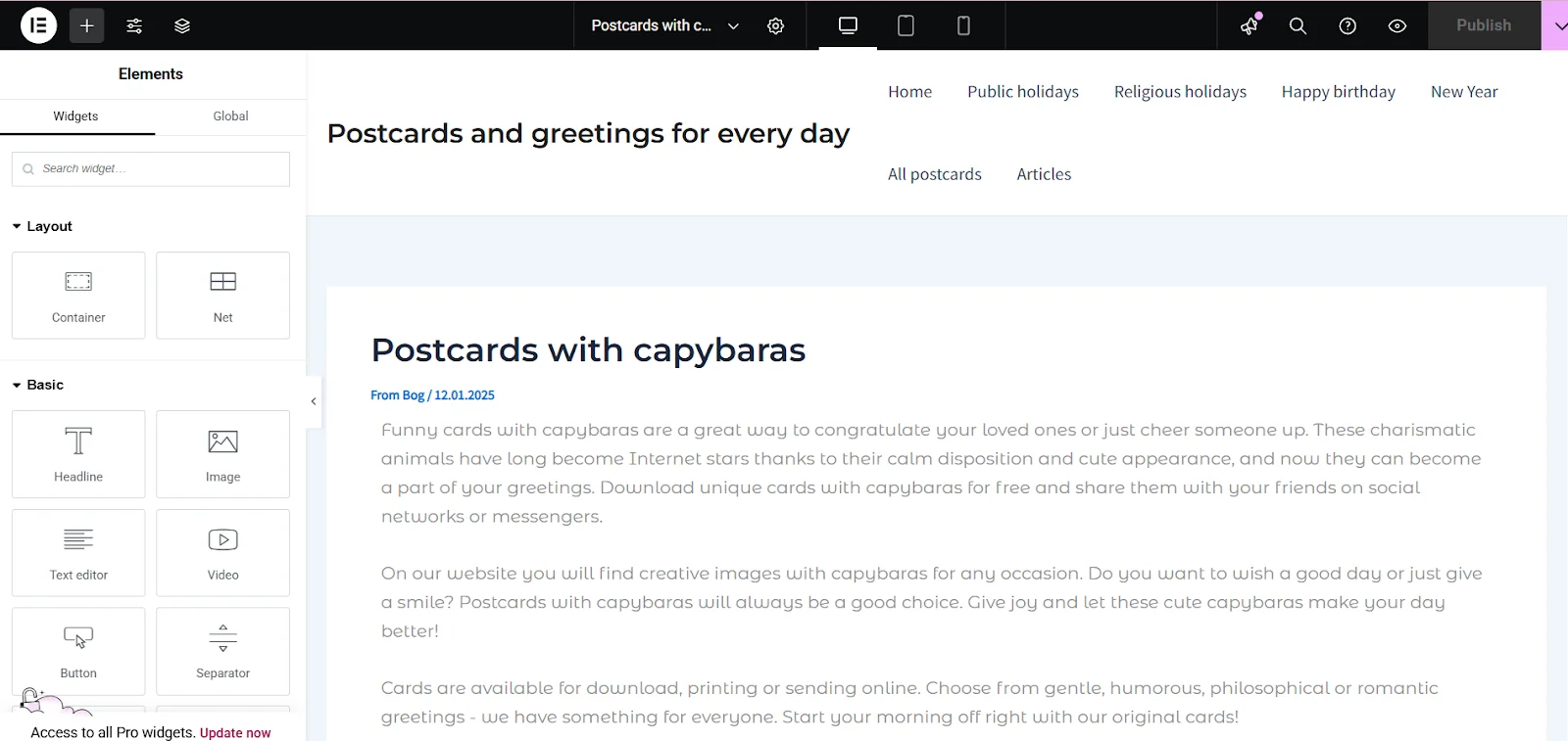 Creating a page on a WordPress site with the Elementor plugin