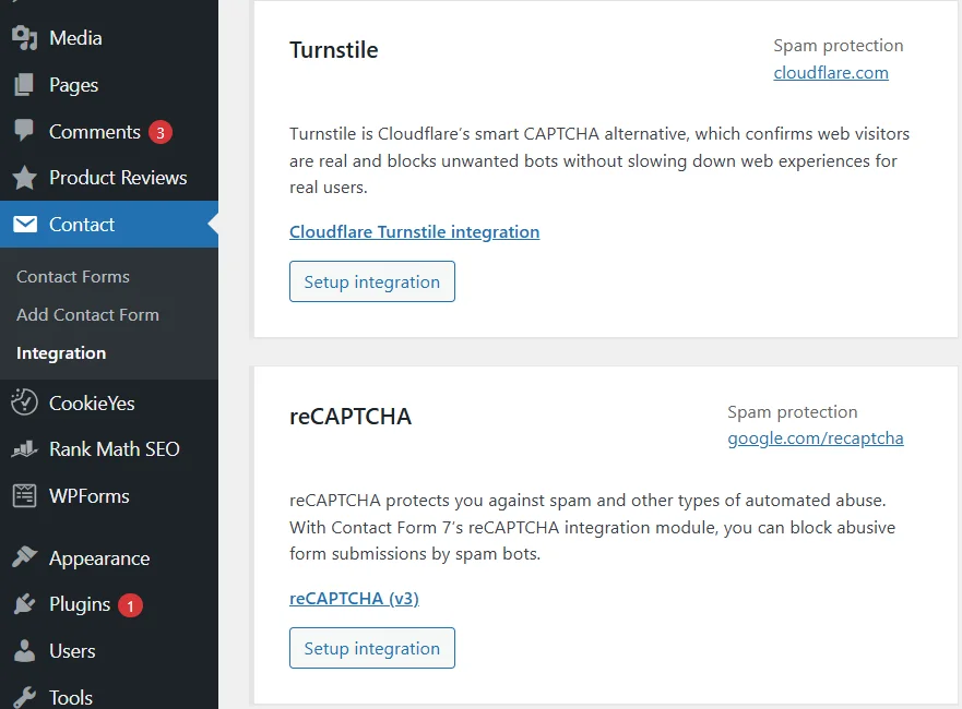 Интеграция капчи с WordPress сайтом через плагин Contact Form 7