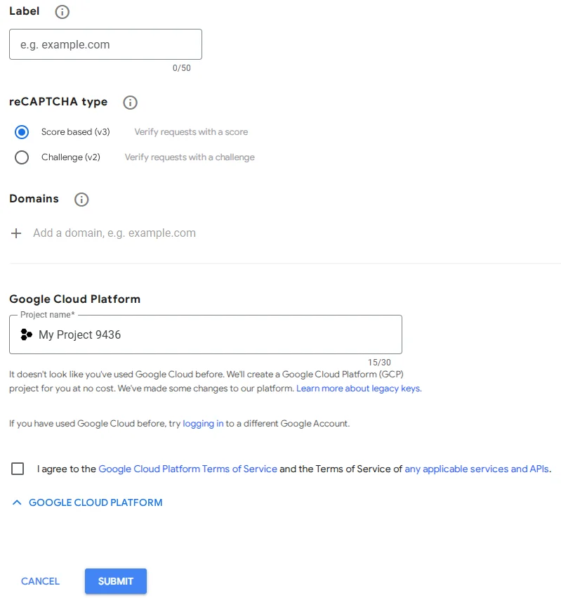 Site registration form in the reCAPTCHA system