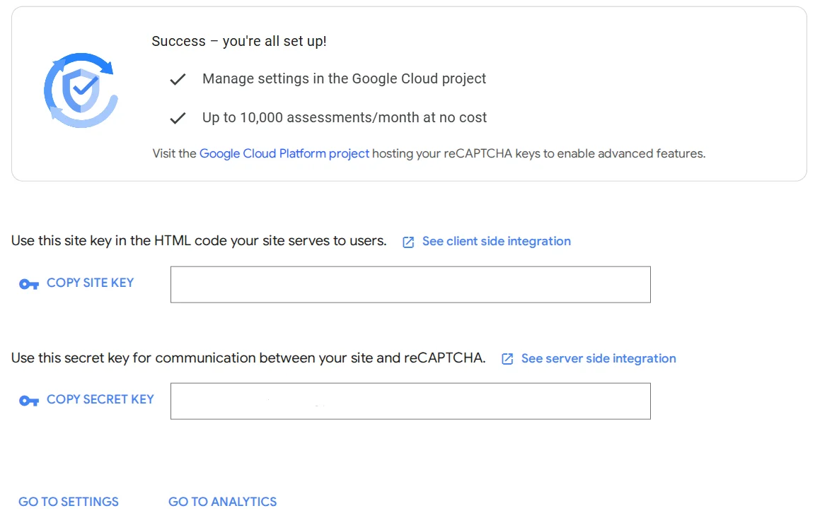 Saving keys for installing reCAPTCHA on the website