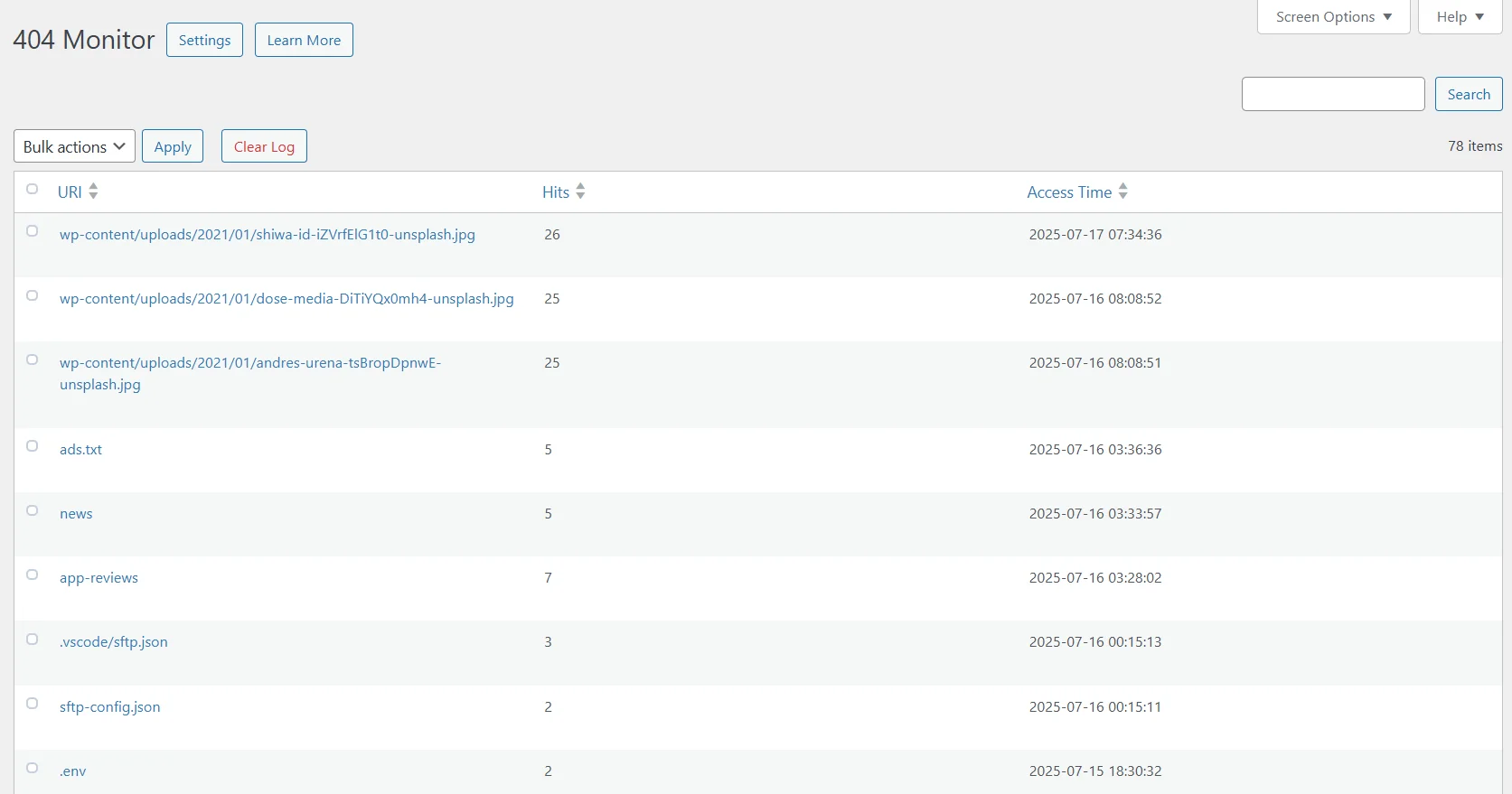 Приклад журналу 404 помилок з розширенням Rank Math SEO