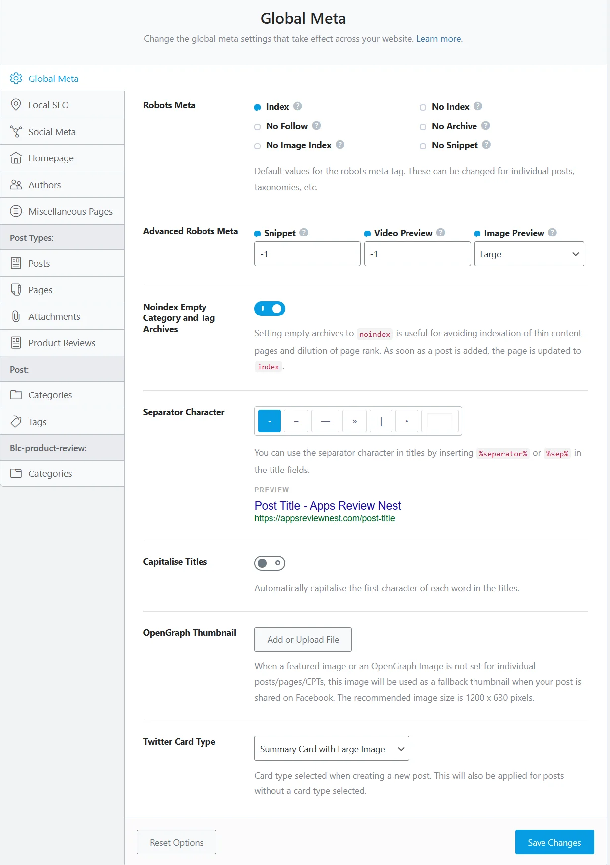Global SEO settings with the Rank Math plugin
