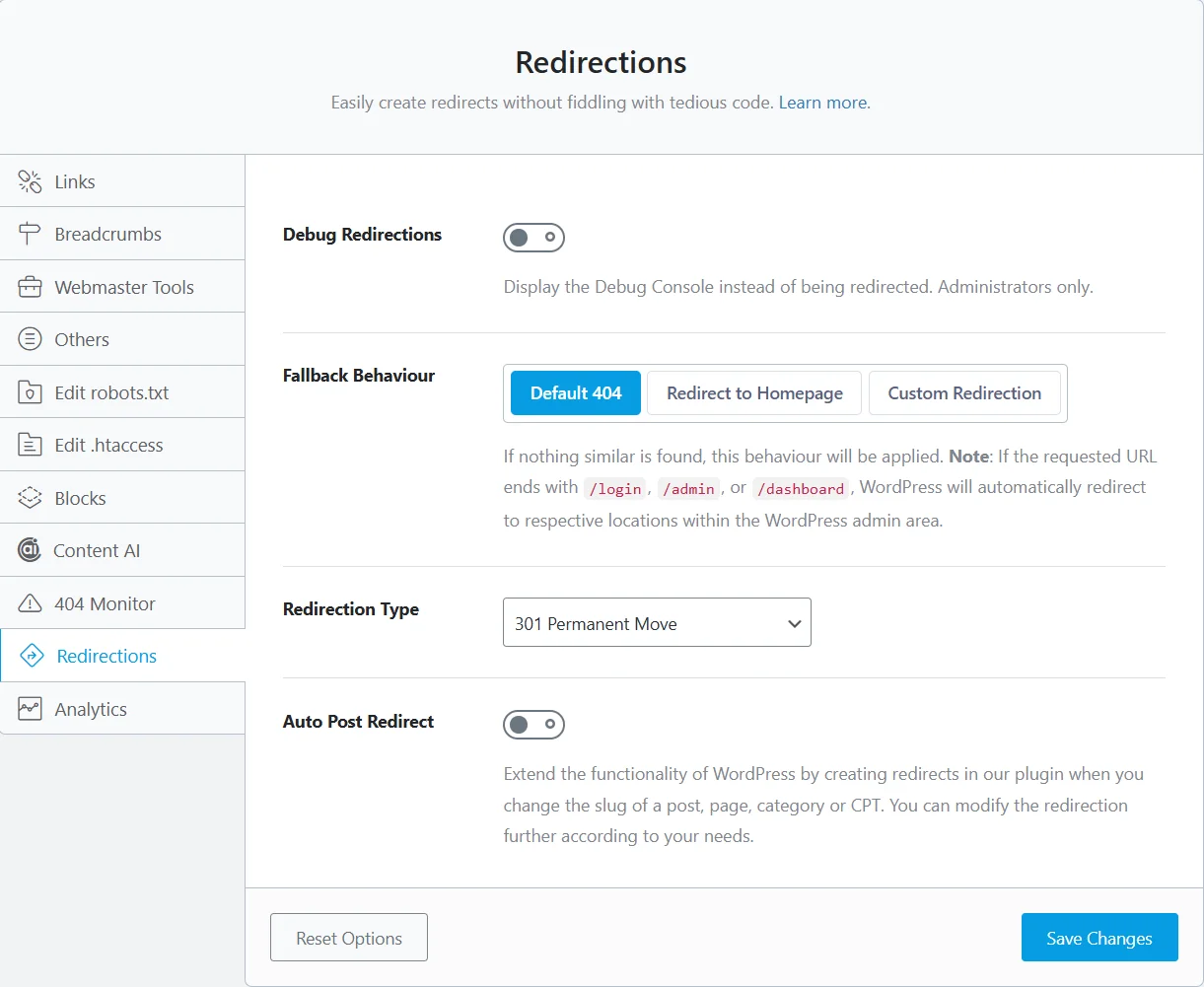 Setting up global redirect settings in Rank Math
