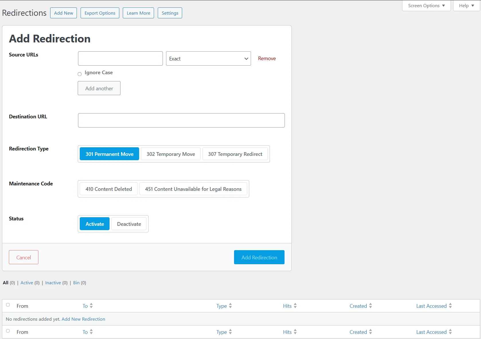Adding a new redirect with the Rank Math SEO plugin