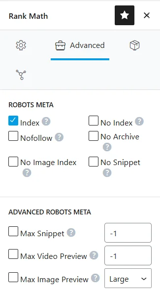 Advanced SEO settings for a page with the Rank Math plugin