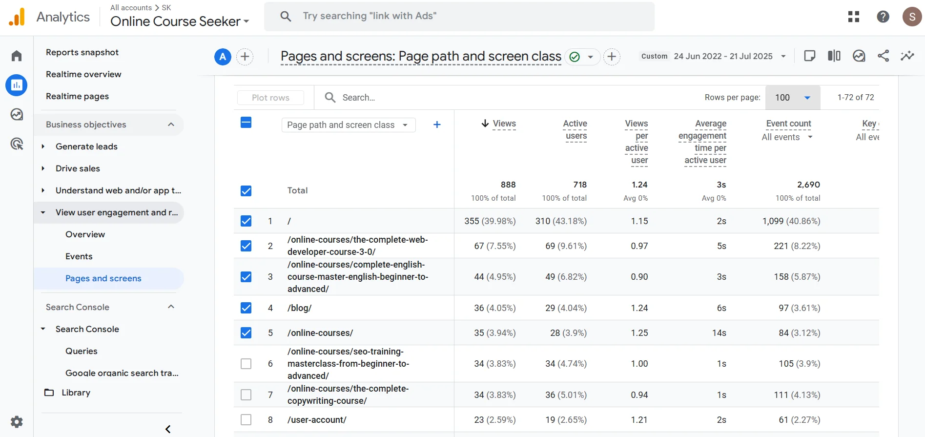 Report on traffic on site pages in Google Analytics 4