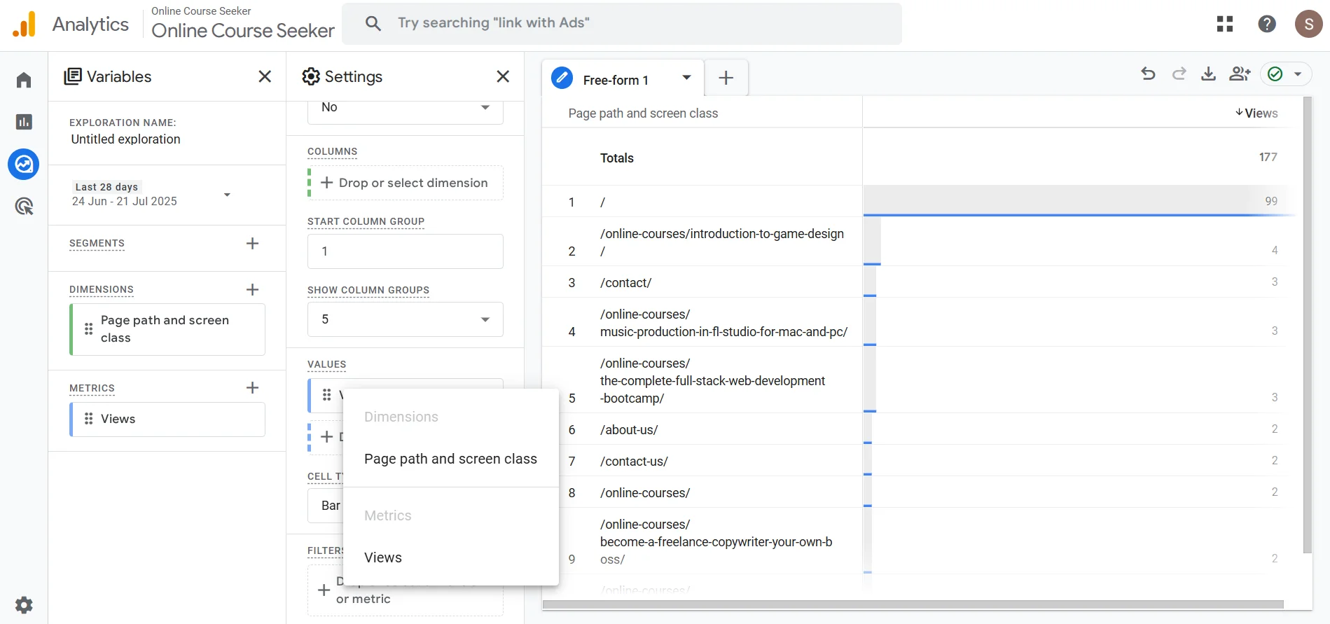 Add a filter to the report on pages without traffic in Google Analytics