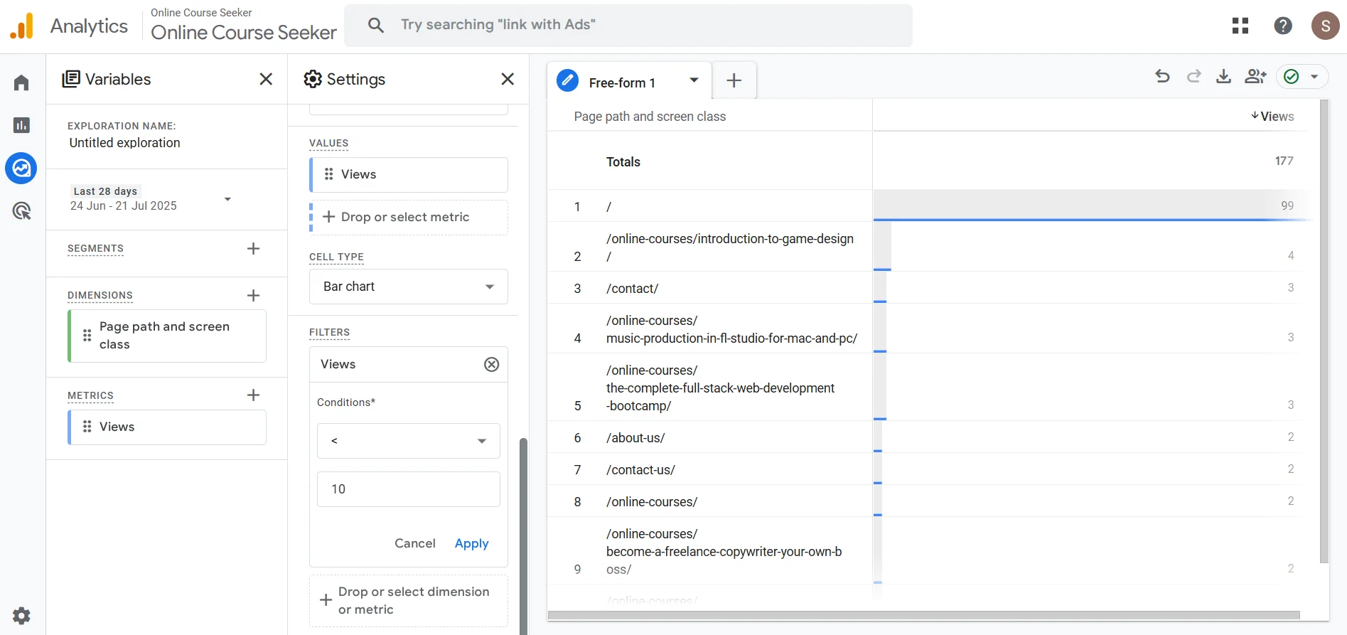 Create filter conditions for a report in Google Analytics
