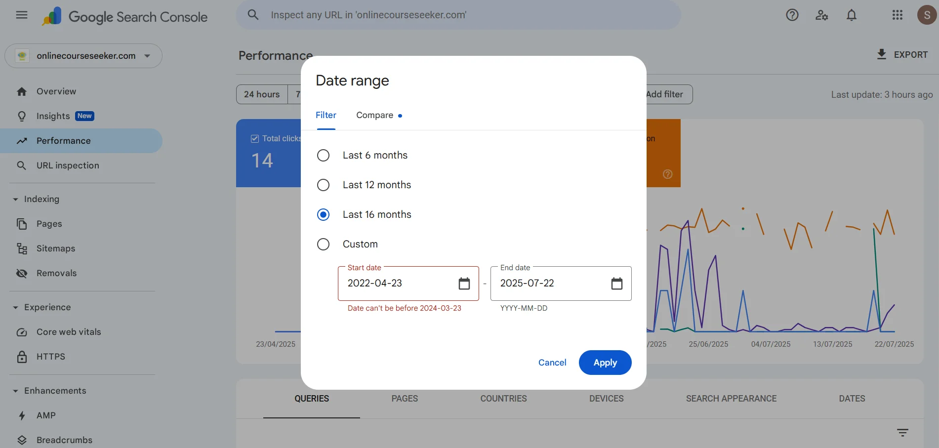 Search for pages without traffic in Google Search Console
