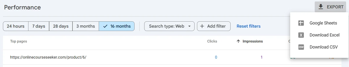 Download a report on pages on the site from Google Search Console