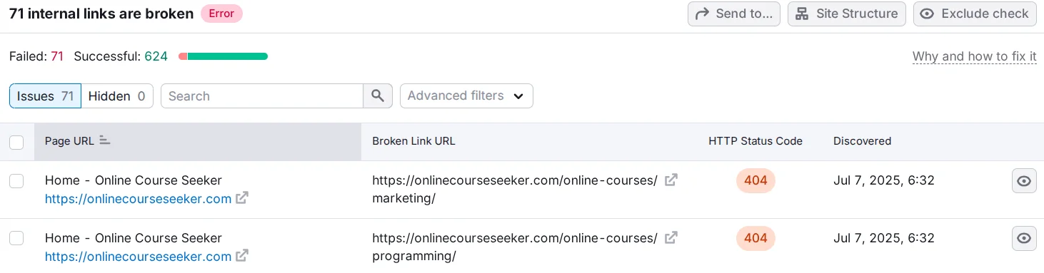 Поиск сломанных внутренних ссылок на сайте через сервис Semrush