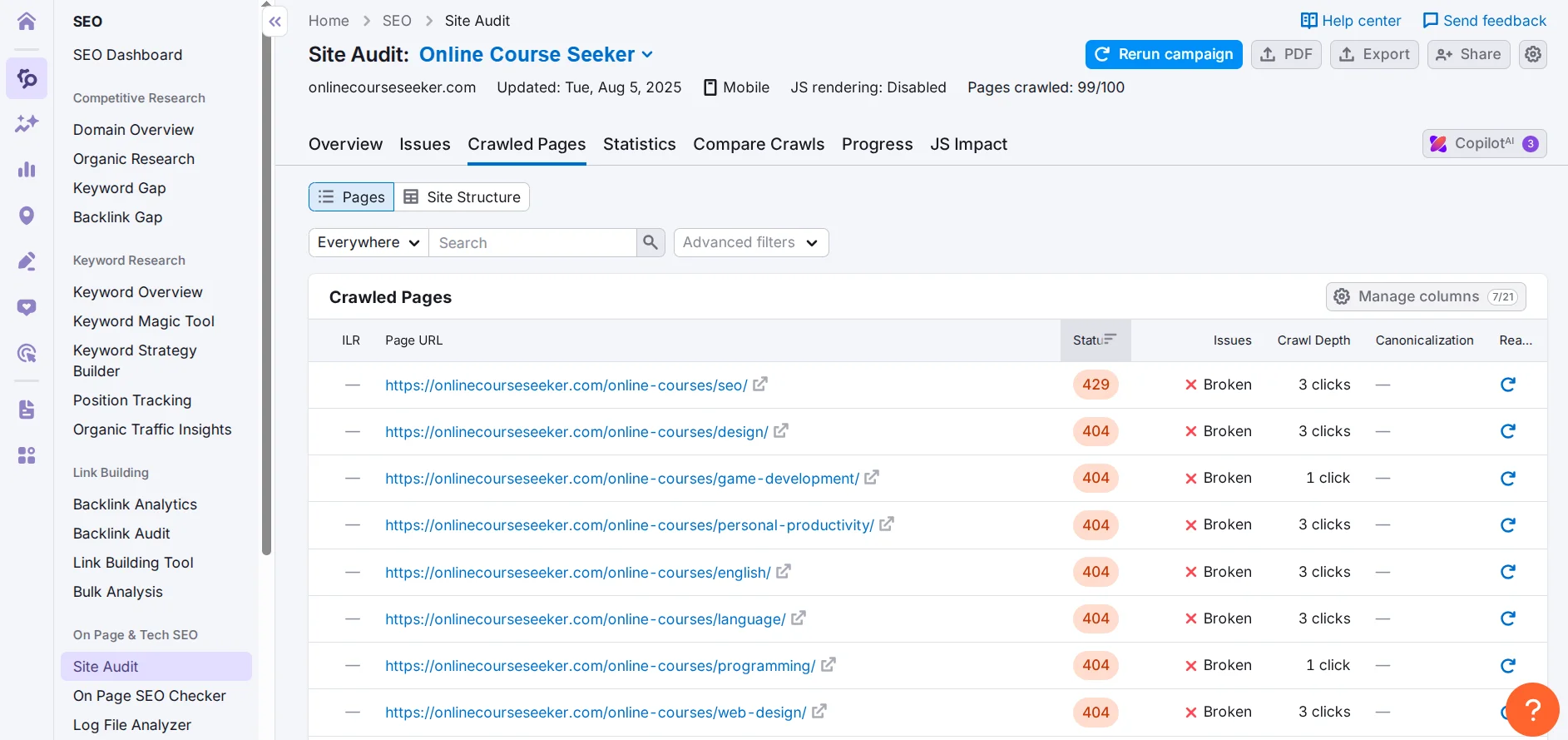 Free check of site page indexing via Semrush