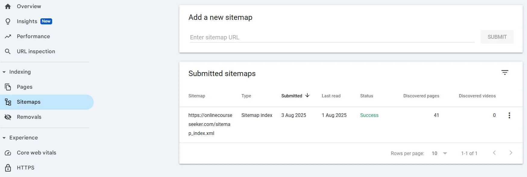 Sitemap check via Google Search Console