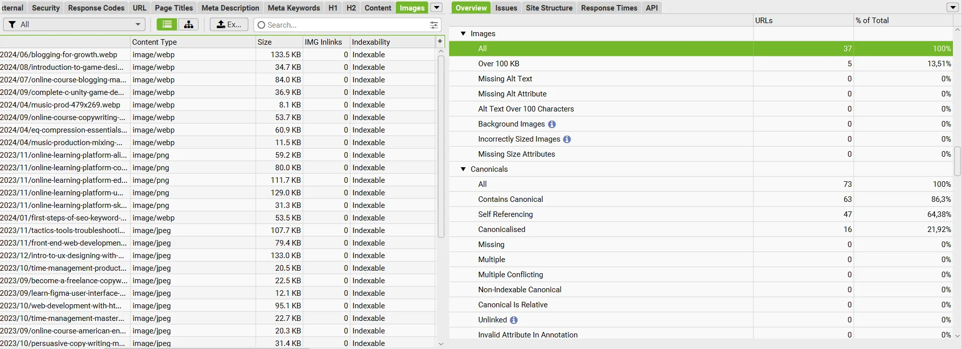 Audit of images on a site via Screaming Frog SEO Spider