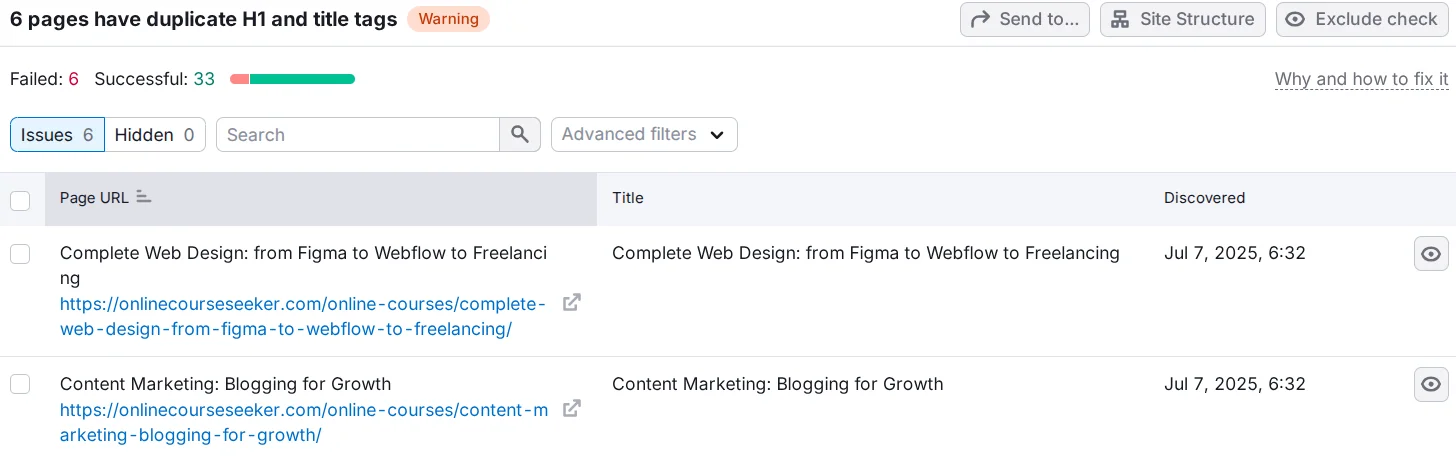 Search for duplicate H1 and Title on the Semrush service