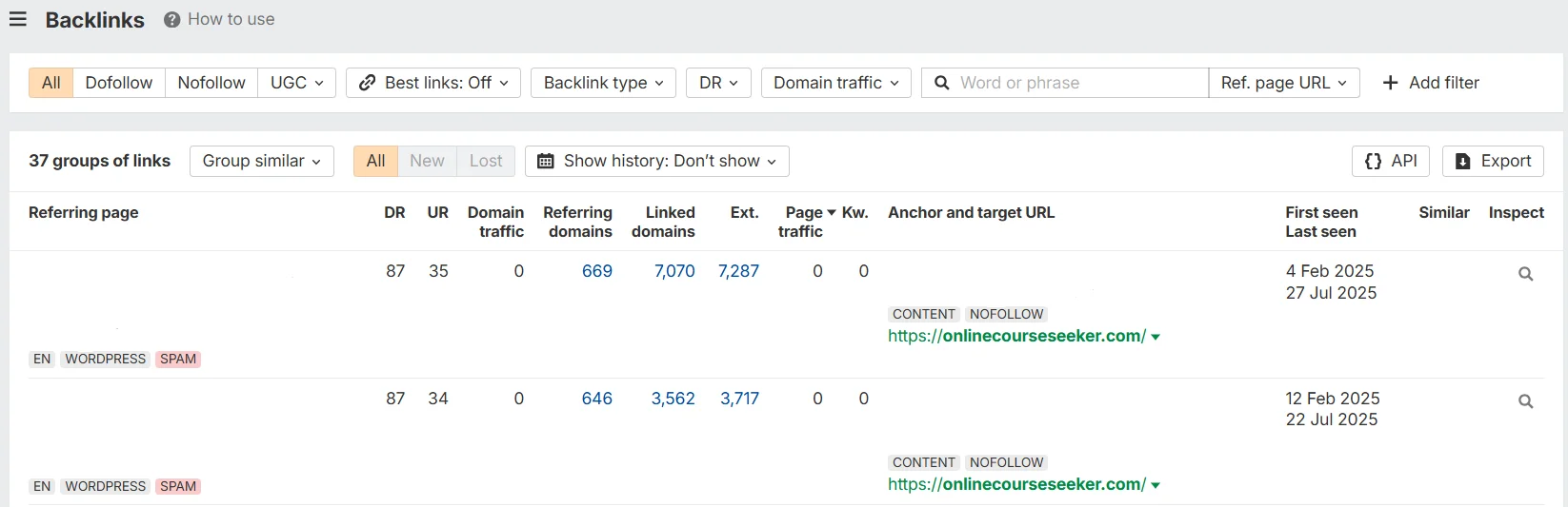 Detailed analysis of backlinks using Ahrefs