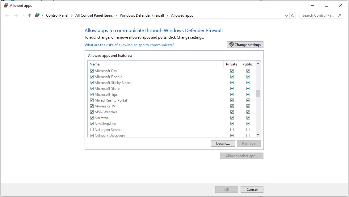 Example of configuring a firewall on Windows