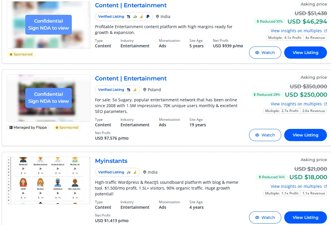 Examples of entertainment sites on the Flippa exchange with advertising income