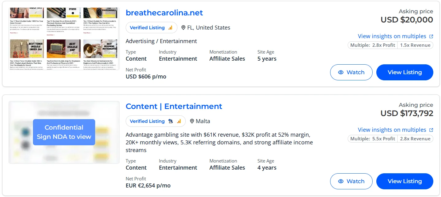 Examples of entertainment sites on the Flippa exchange with CPA income