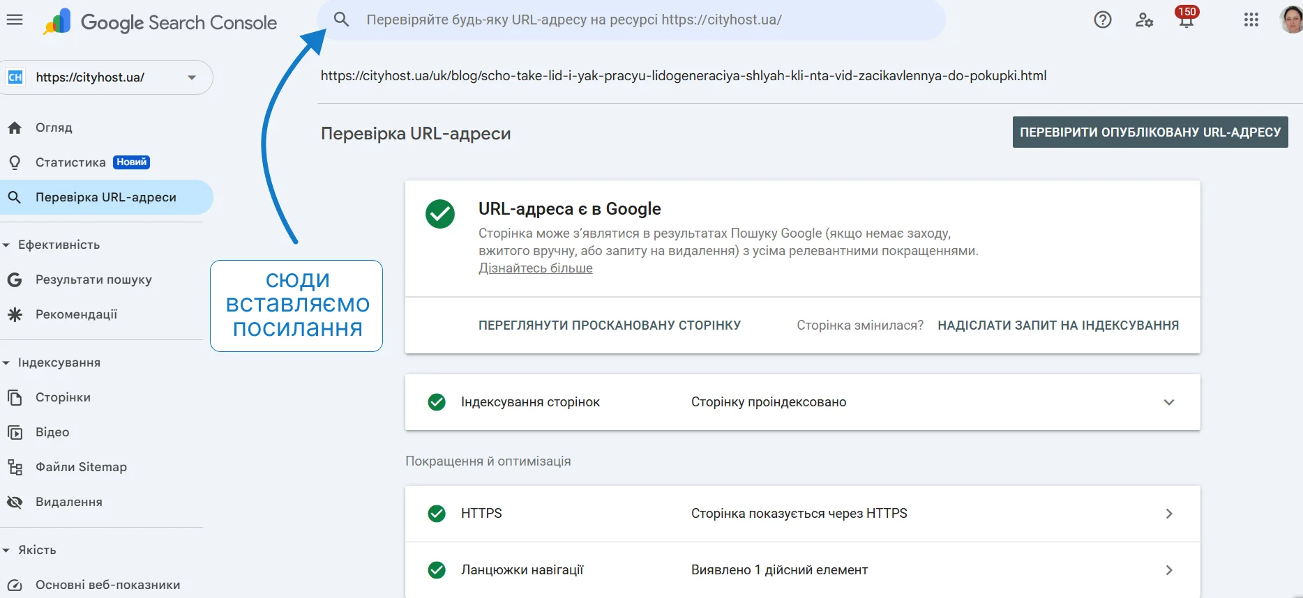 Приклад перевірки статусу індексації сторінки