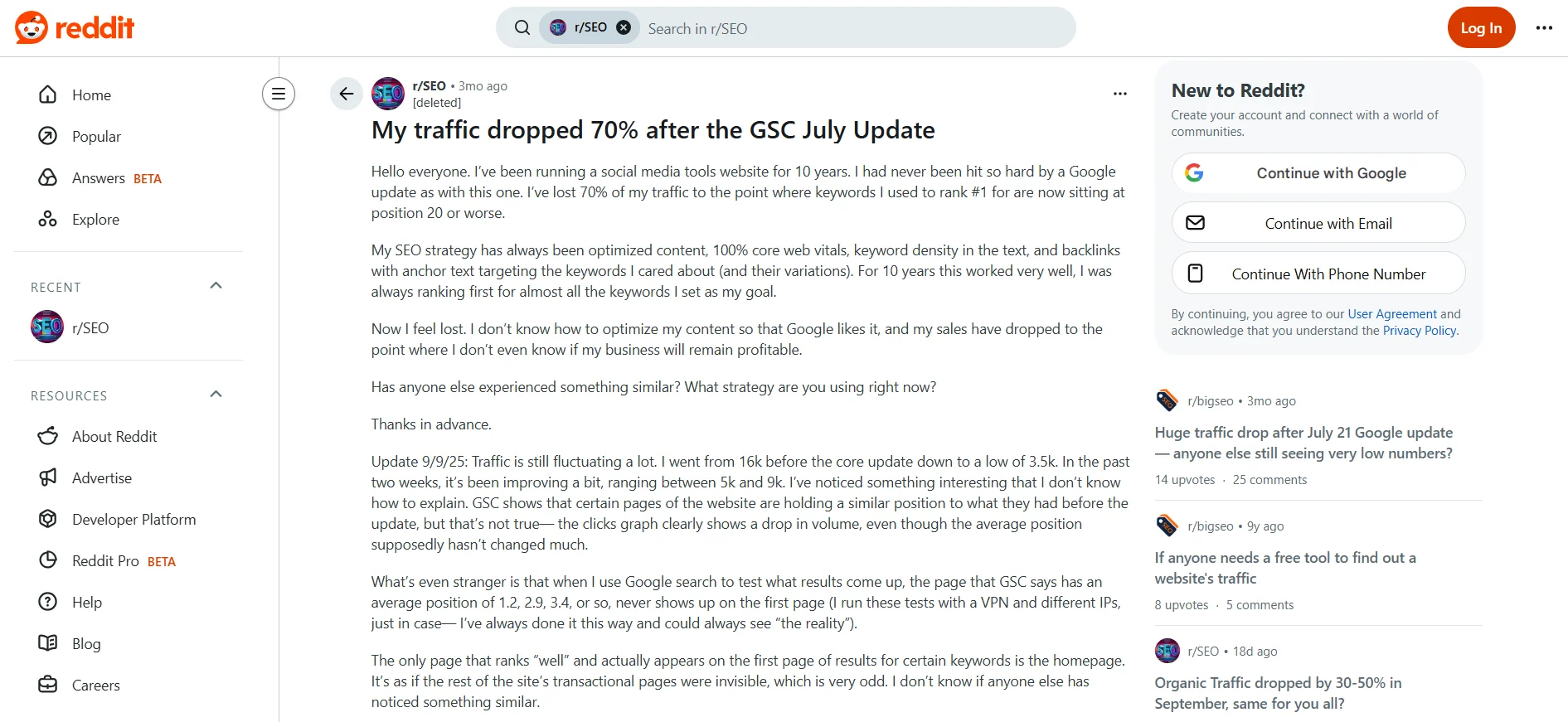 Post on Reddit about a 70% drop in traffic