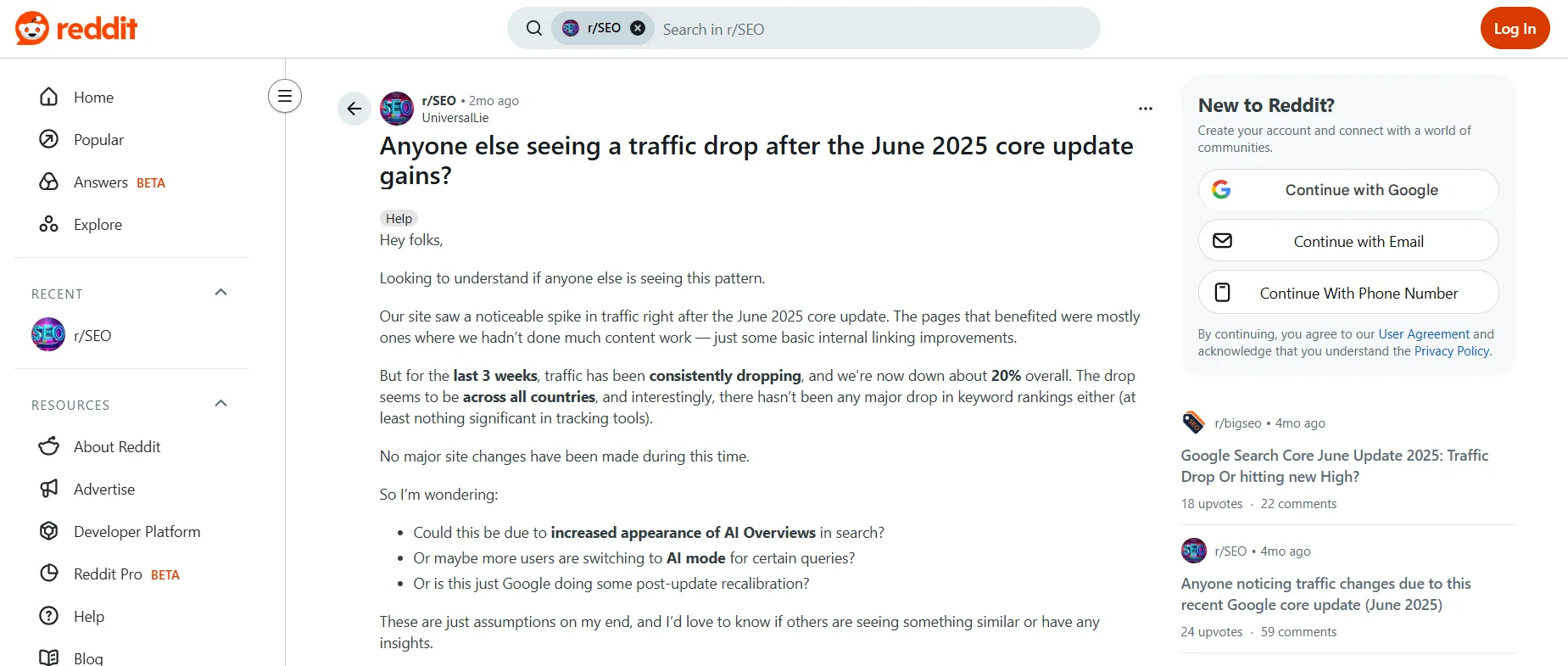 Message on Reddit about a drop in traffic on the website after Google updates