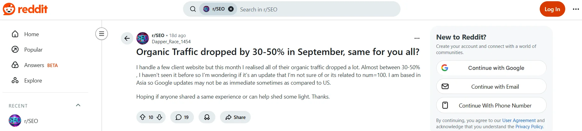 Reddit user about a significant drop in traffic on the website