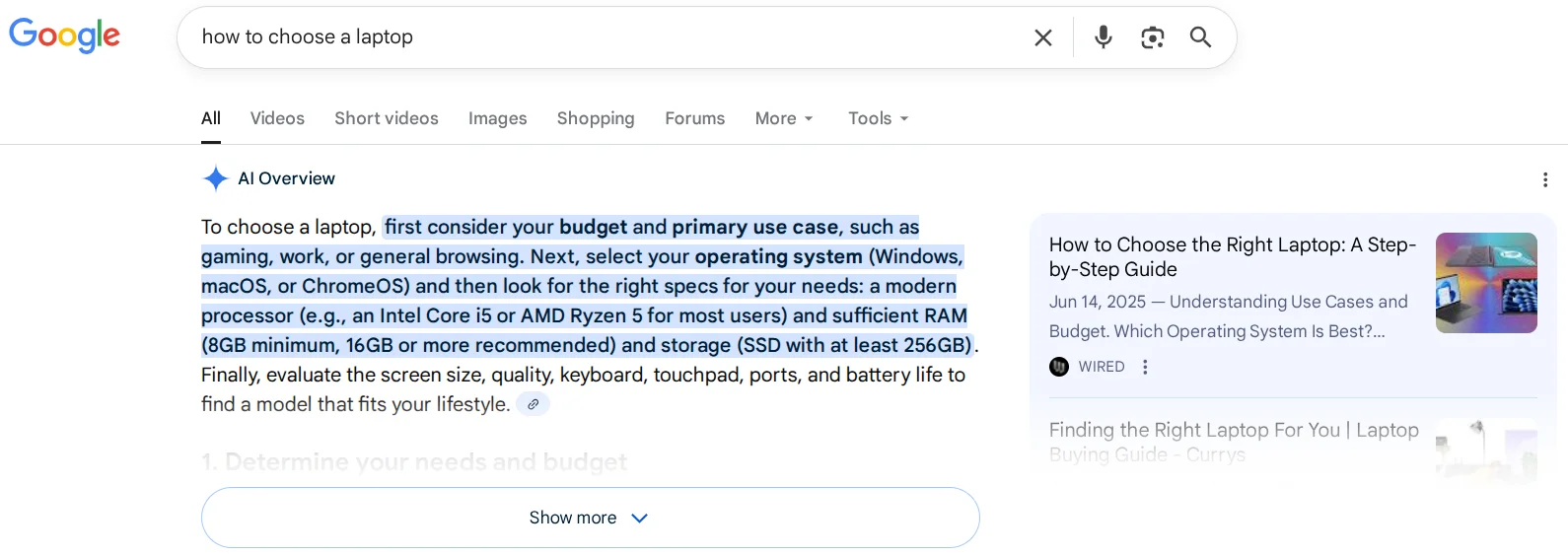 Example of an answer to a question from AI Overview