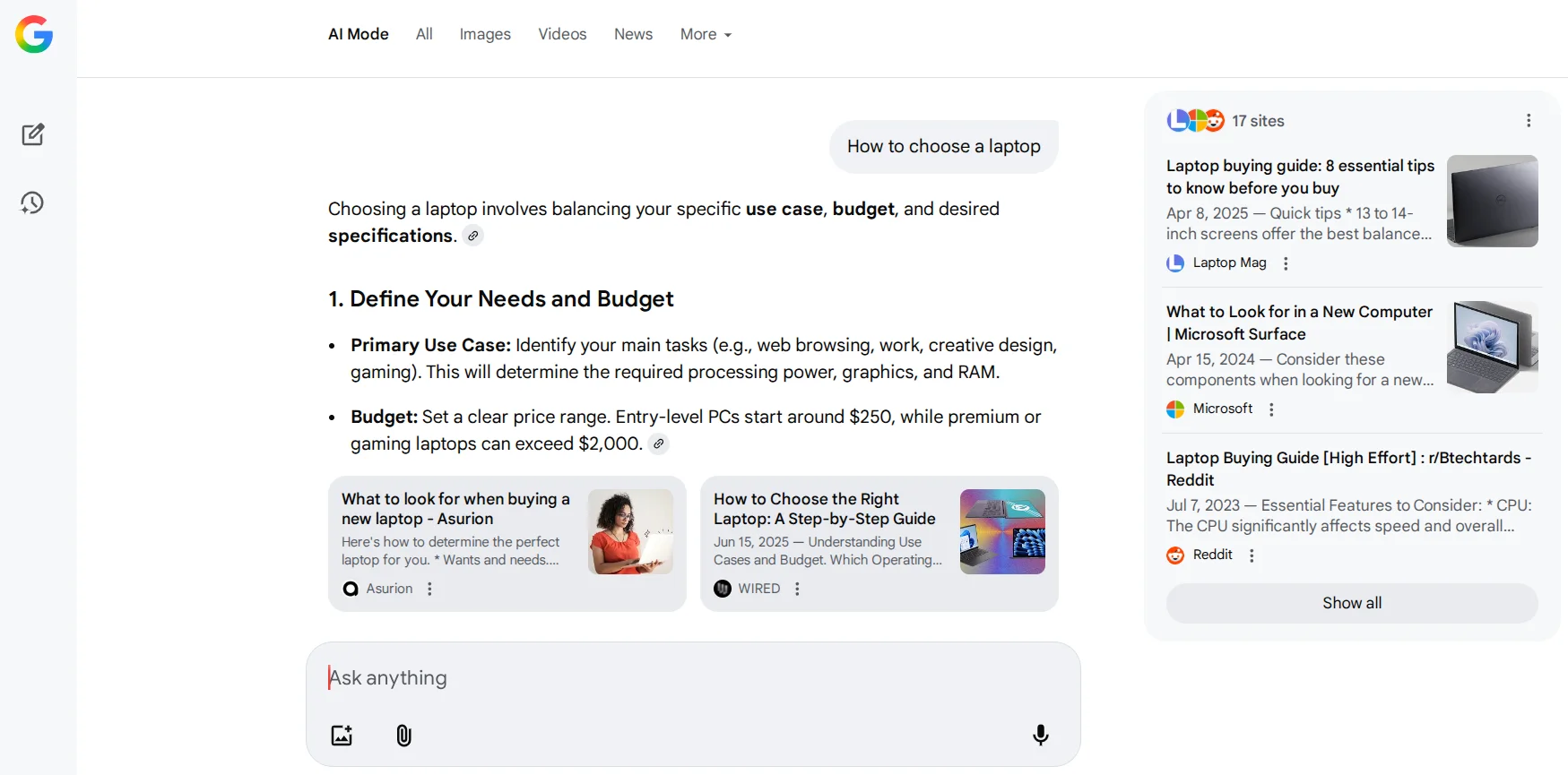Example of searching for information via AI Mode