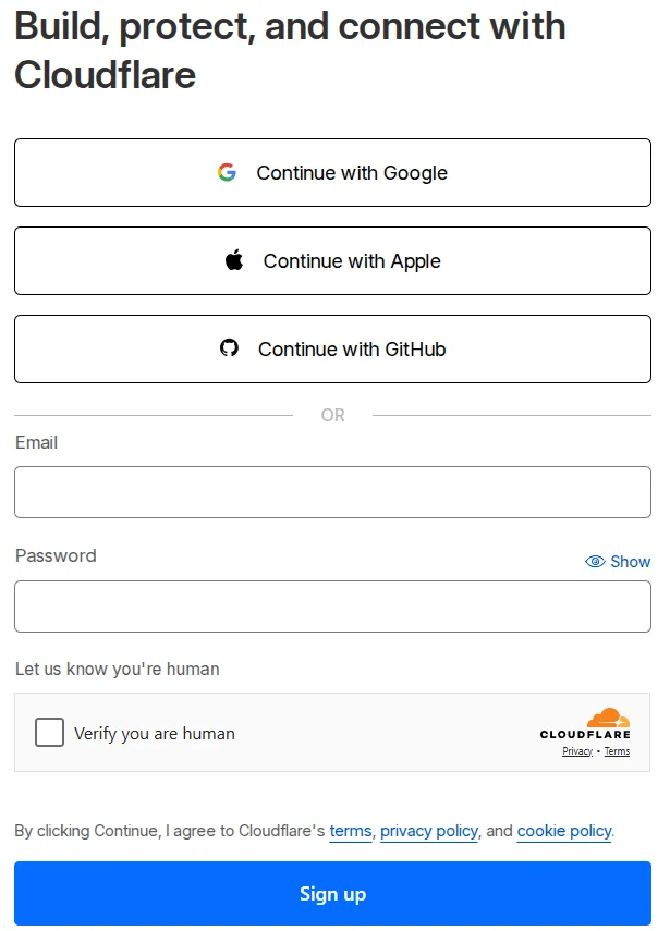 Форма для регистрации на сервисе Cloudflare