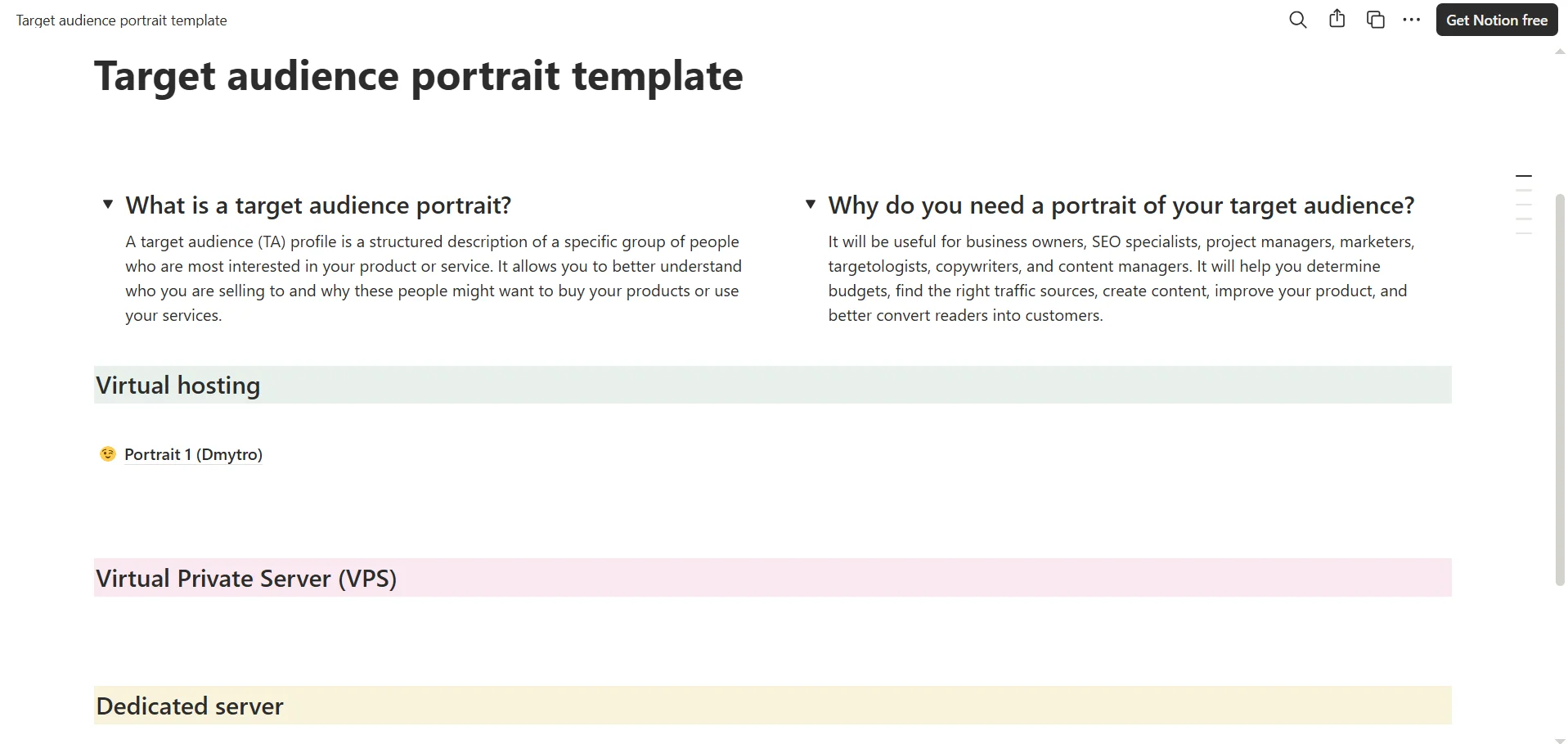 Szablon Notion dla portretu grupy docelowej