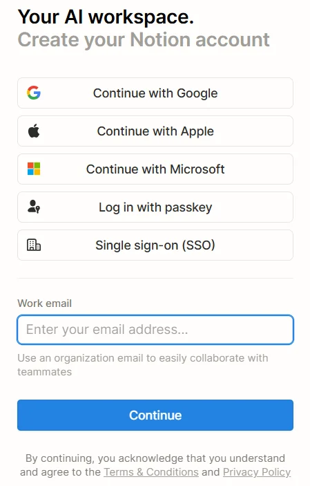Регистрация на платформе Notion