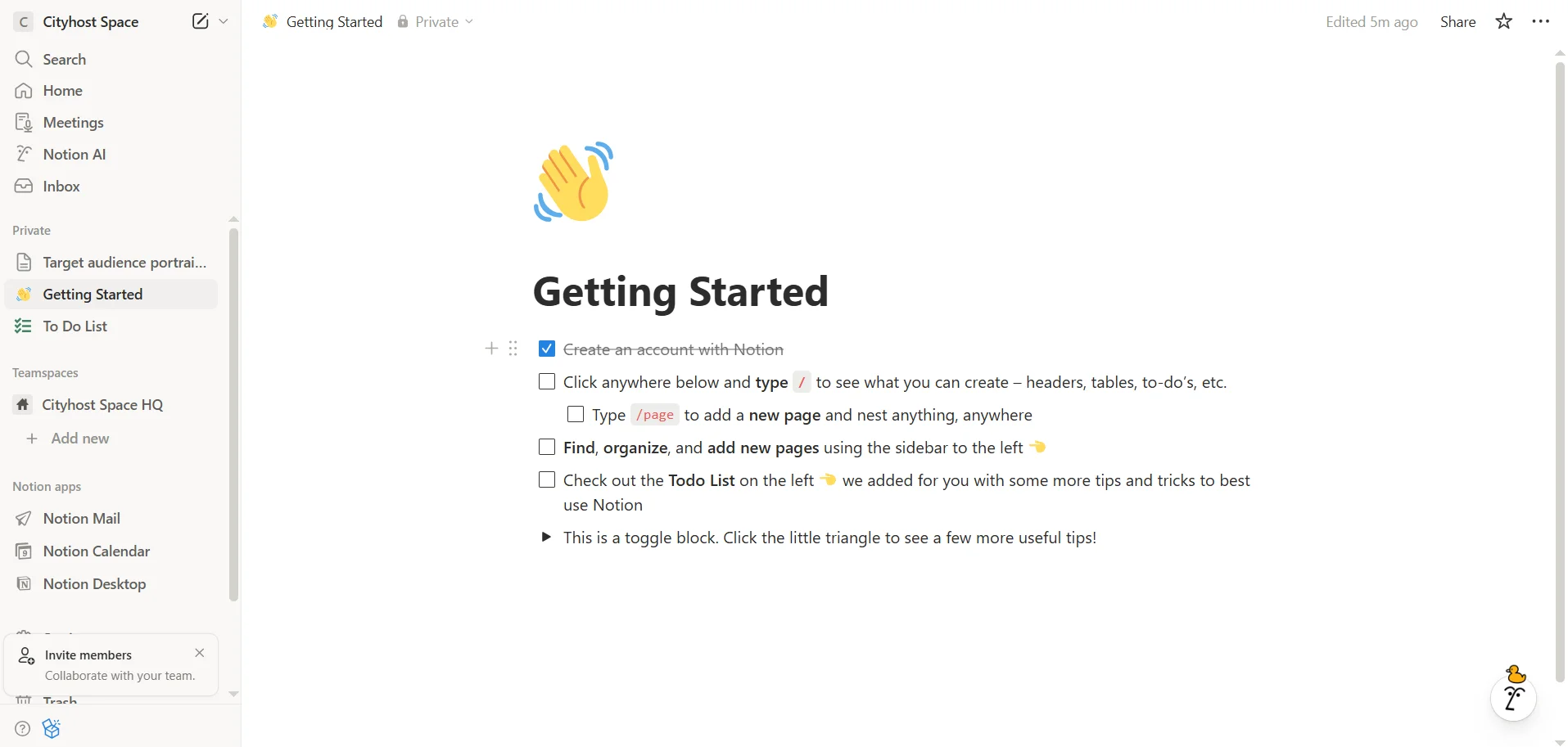 Strona startowa na serwisie Notion