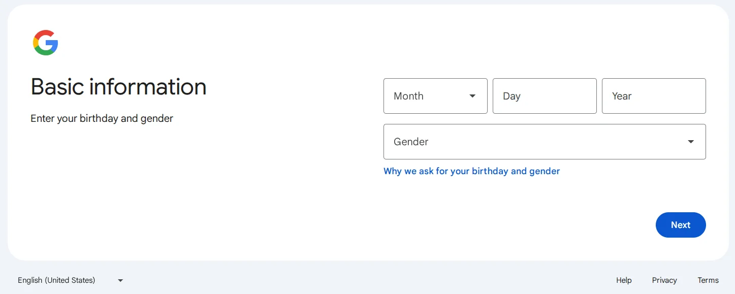 Wypełnianie podstawowych informacji przy rejestracji konta Google