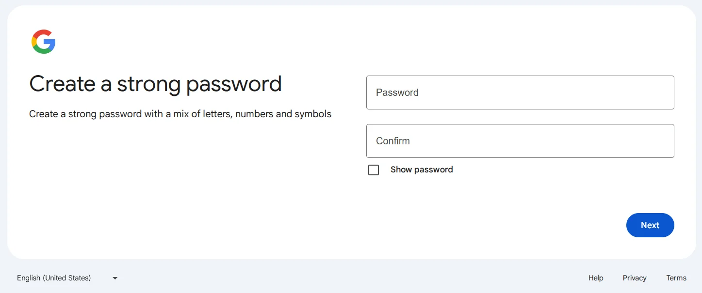 Tworzenie hasła podczas rejestracji konta w Google