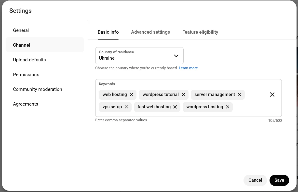 Wypełnianie podstawowych informacji o kanale YouTube po jego rejestracji