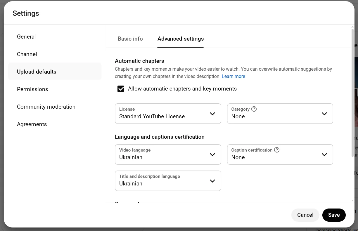 Zaawansowane ustawienia dla domyślnych wideo na YouTube