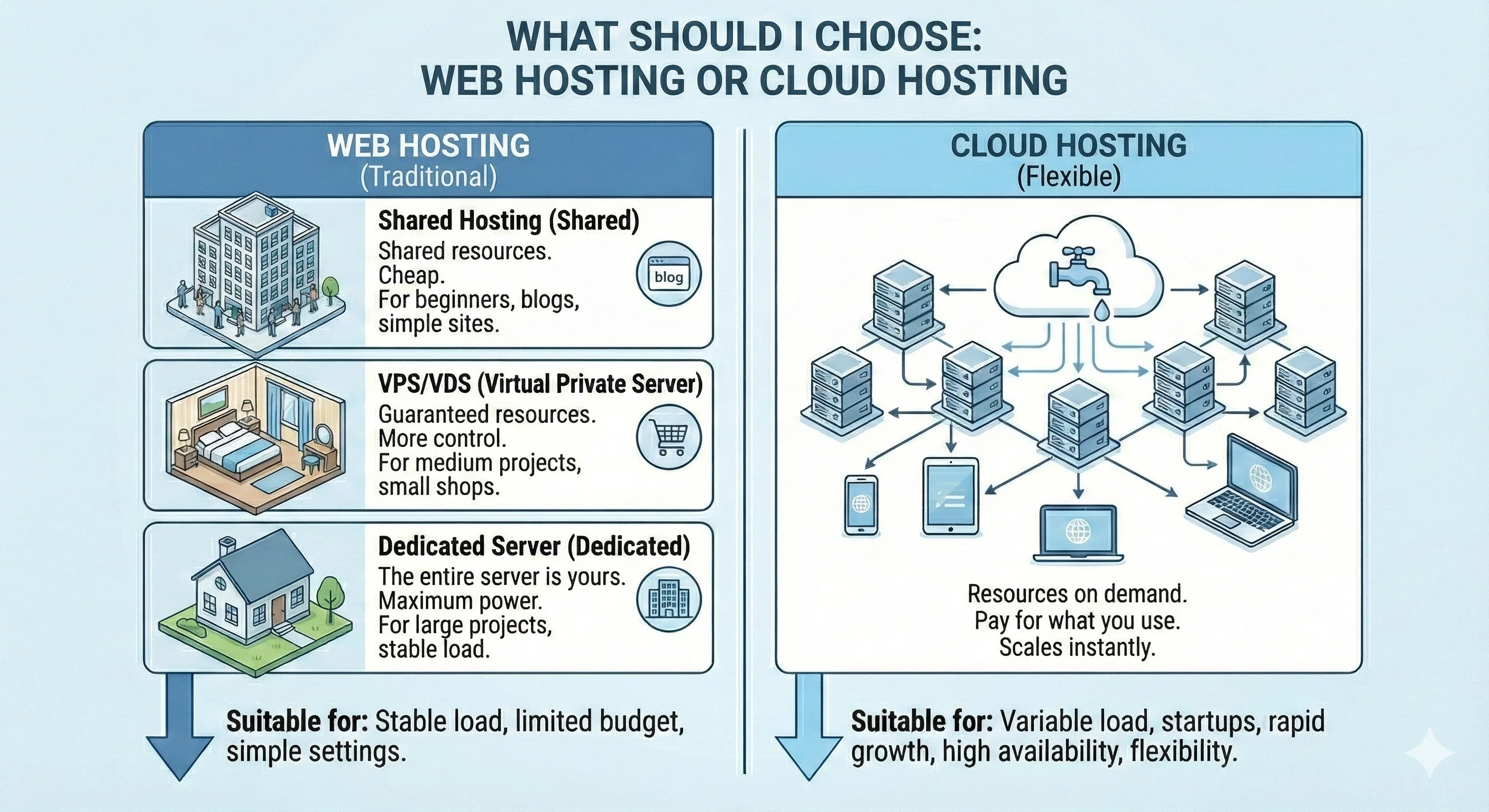 Choosing between web hosting and cloud hosting for a website