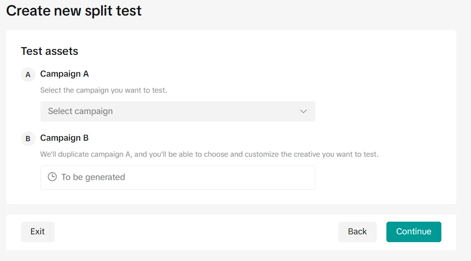 Настройки рекламного объекта для A/B тестирования в TikTok