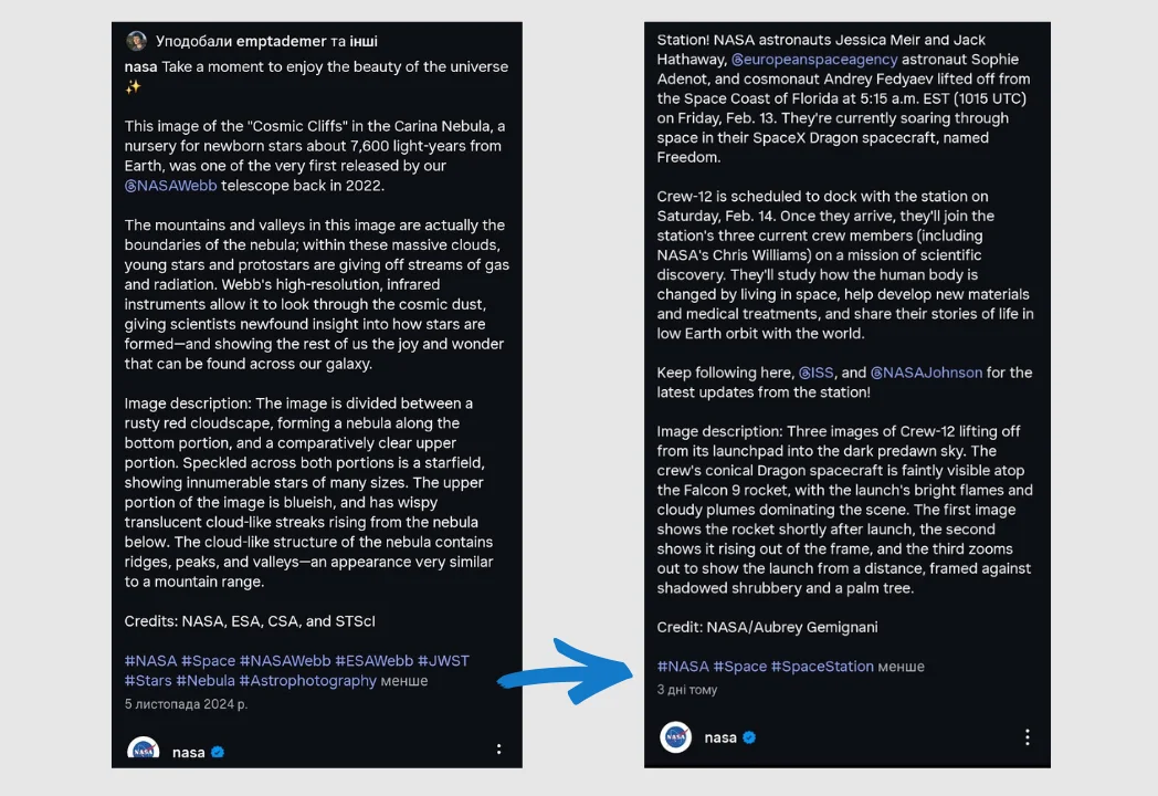 Wie viele Hashtags in den Beiträgen 2026 NASA verwendet