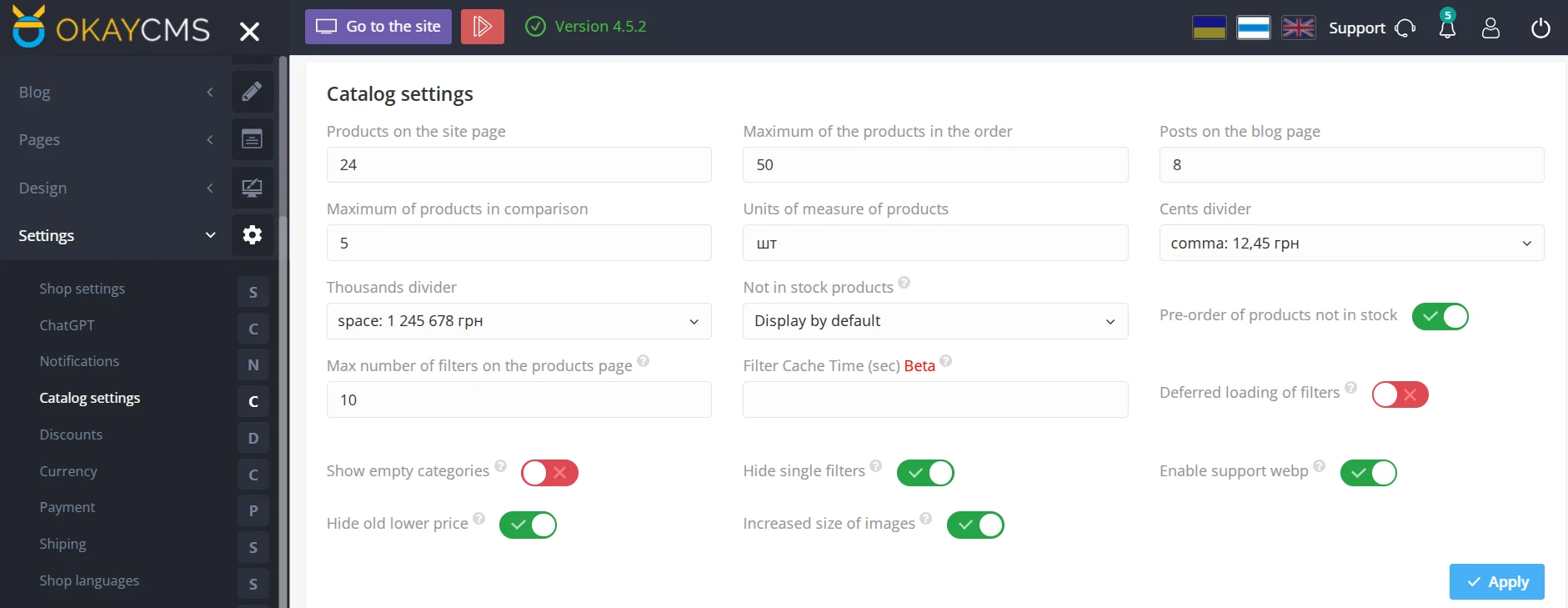 Einstellungen des Katalogs der E-Commerce-Website auf OkayCMS