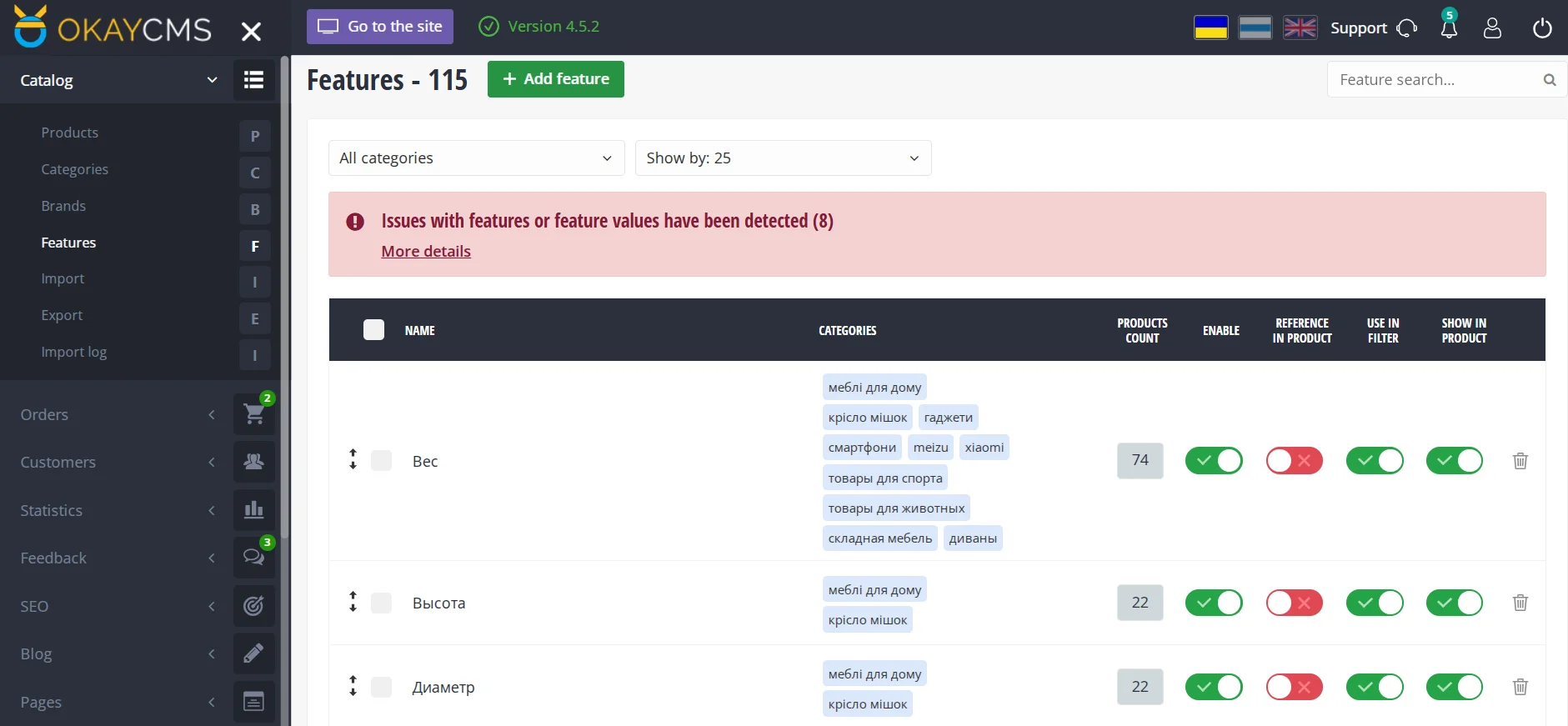 Verwaltung der Produkteigenschaften auf der E-Commerce-Website