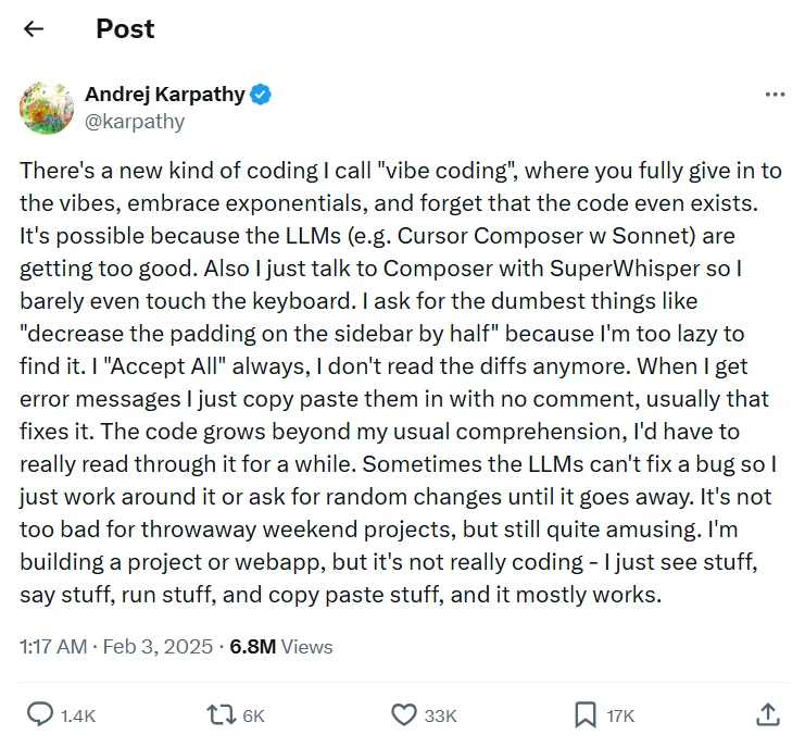 Andrej Karpathy's Post about Vibe Coding