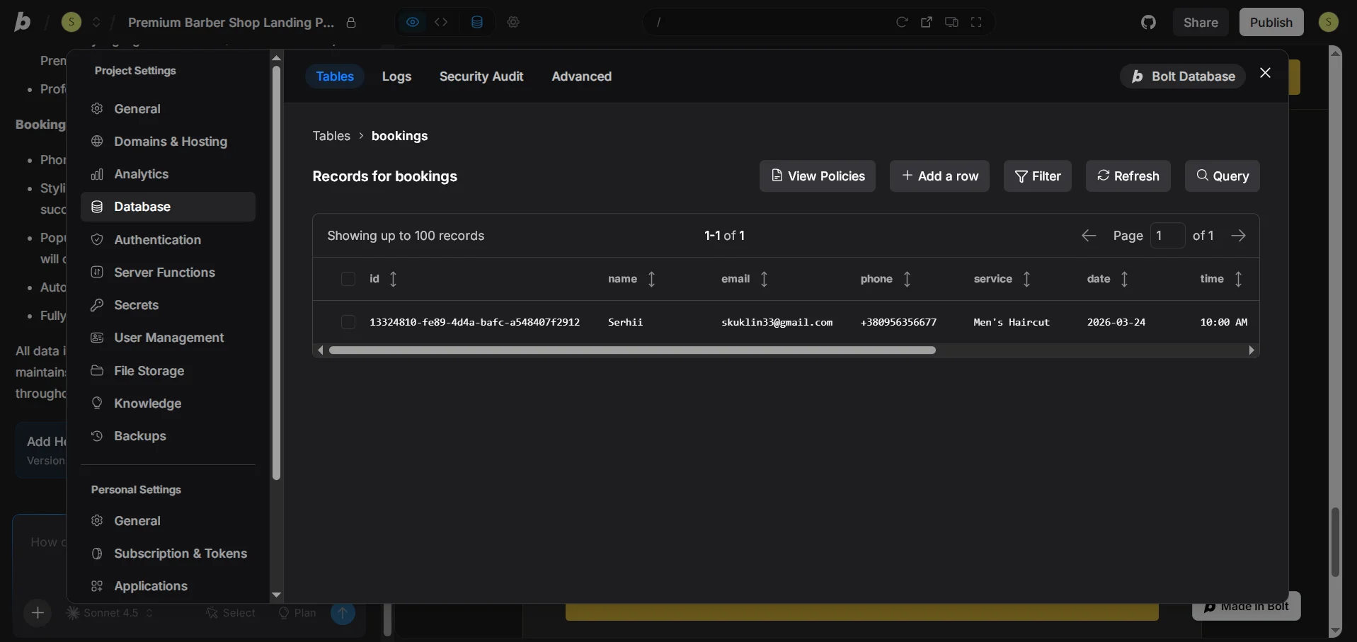 Example of Database on Vibe Coding Platform Bolt new