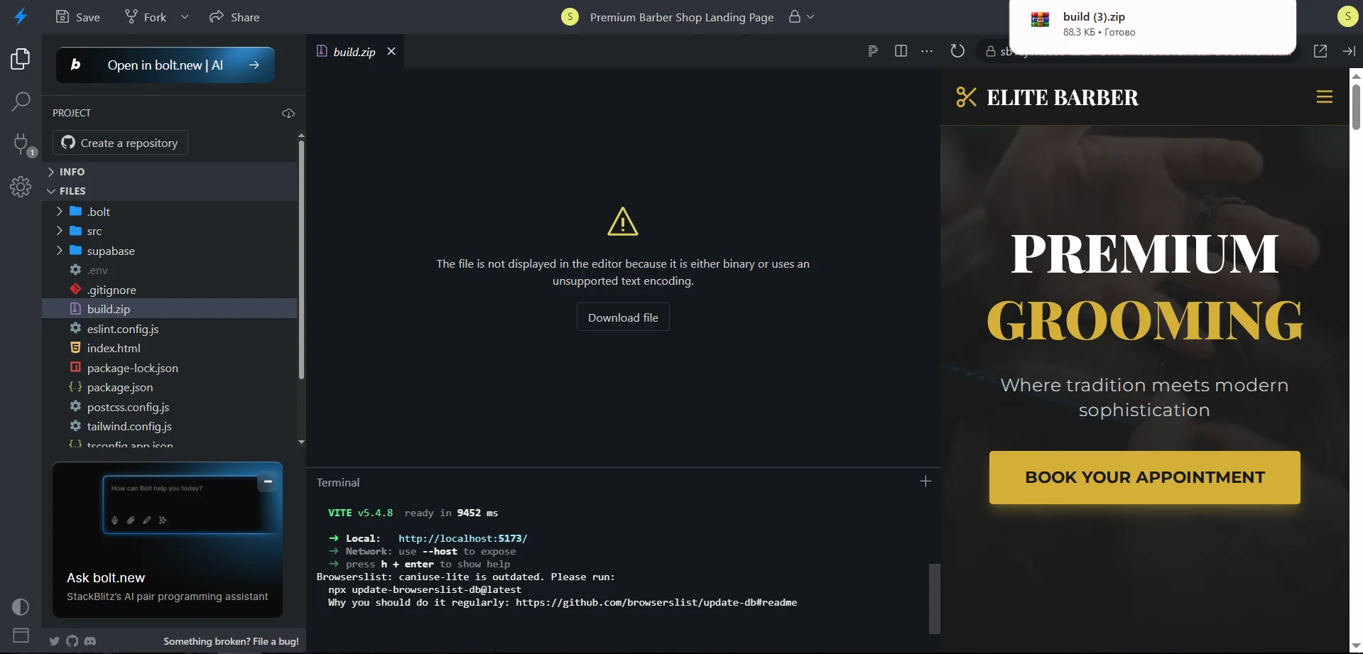 Example of Development Environment StackBlitz on Vibe Coding Platform Bolt new