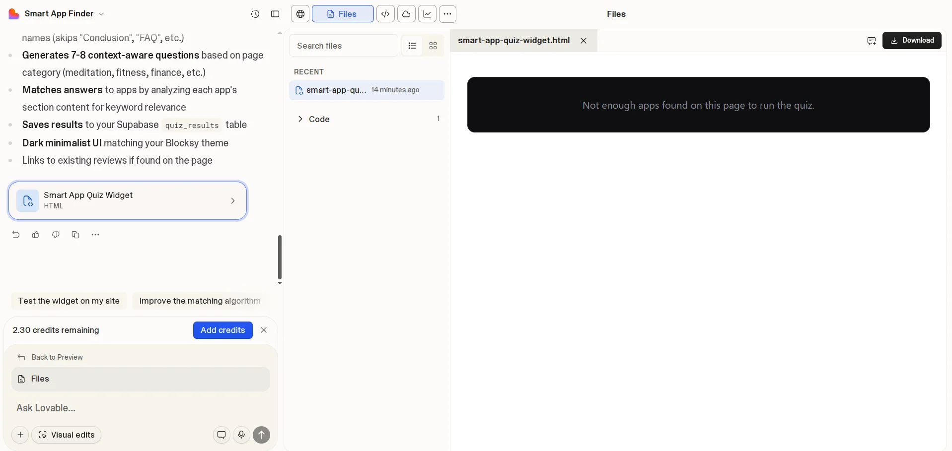 Result of Creating a Widget on Lovable AI Builder