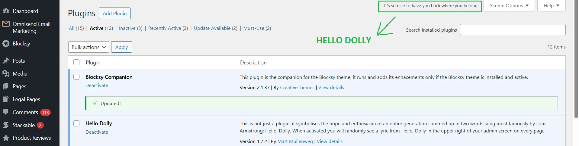 Приклад, як працює плагін для WordPress сайтів Hello Dolly