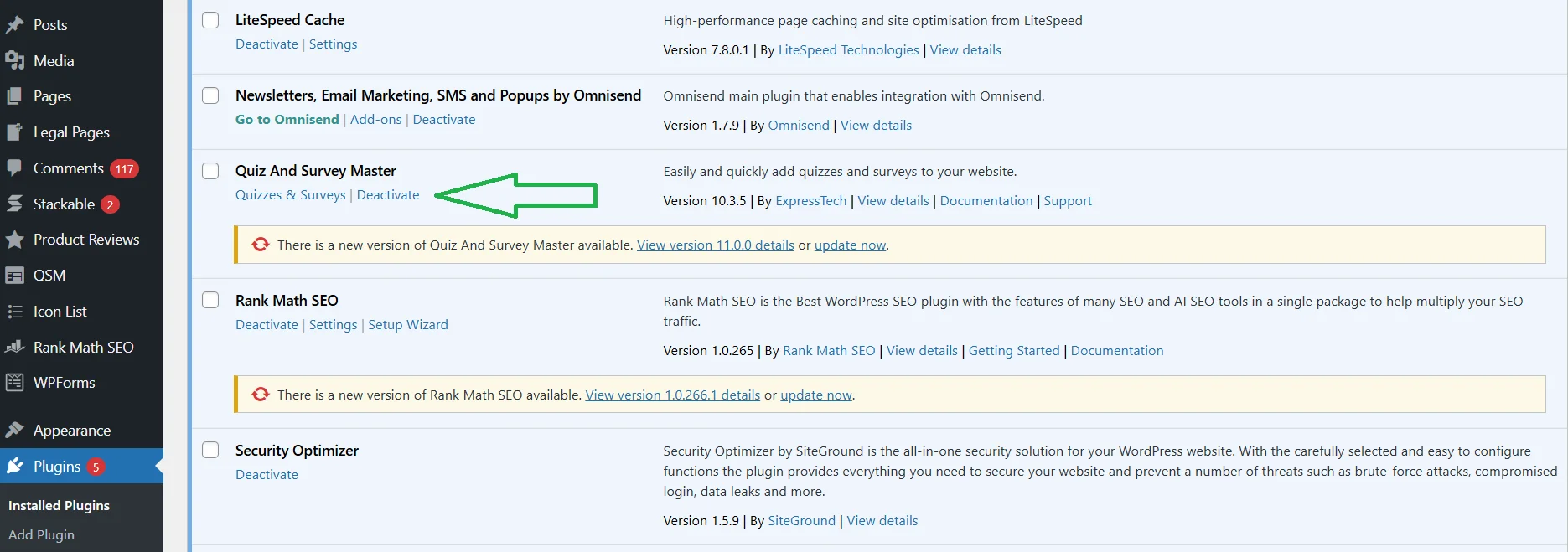 Як деактивувати WordPress в панелі керування сайтом
