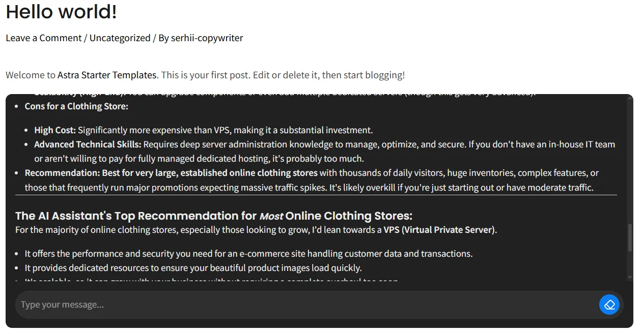 Example of a chatbot from AI Engine on a WordPress site
