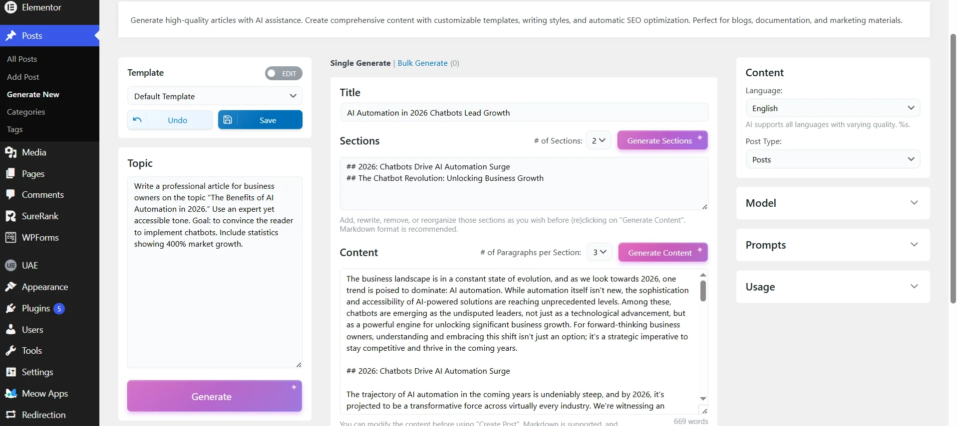 Generating posts on the site with the AI Engine plugin